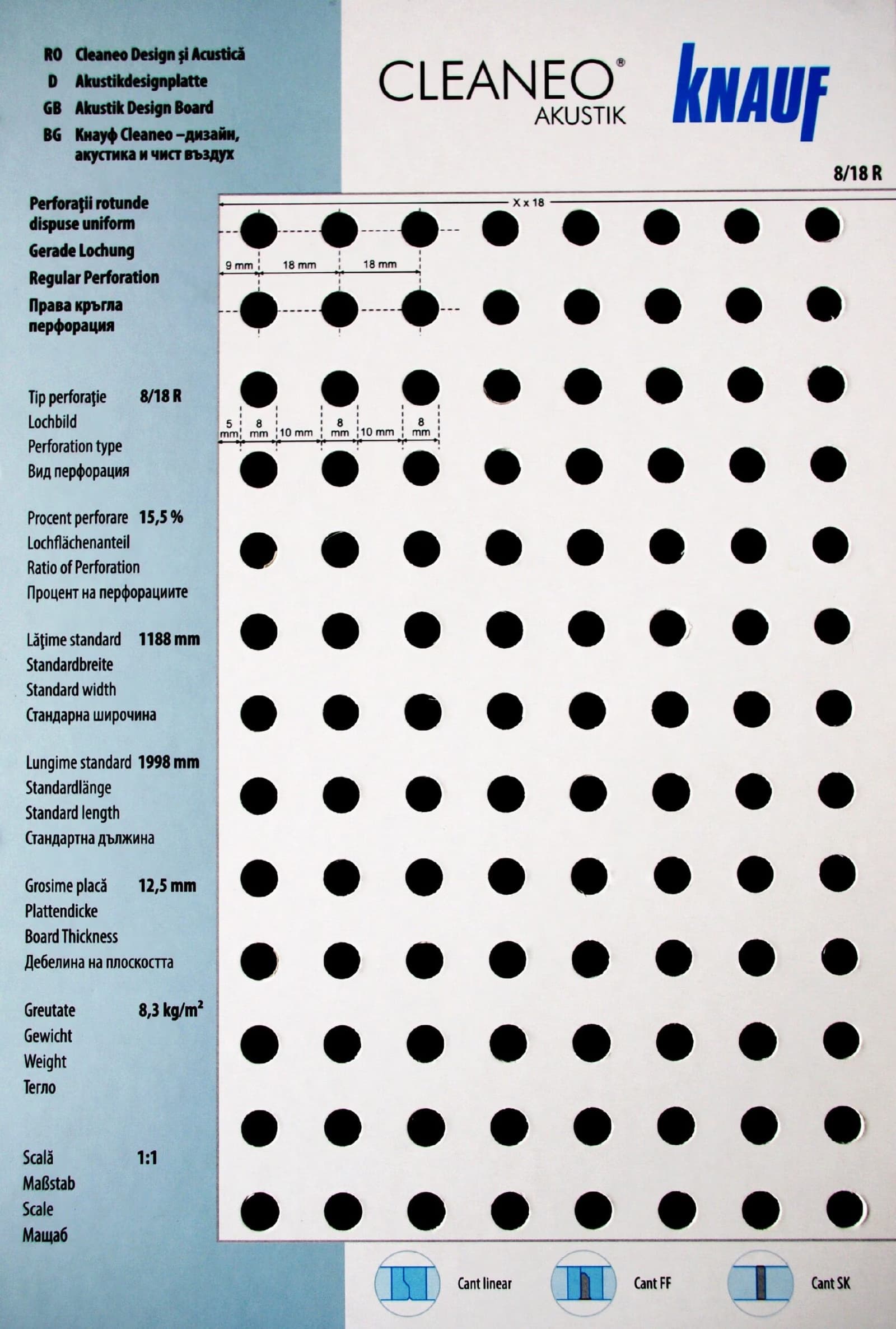 Акустична плоскост Cleaneo Akustik Knauf 8/18 R кант UFF 12.5мм 1188x1998 - Бял воал